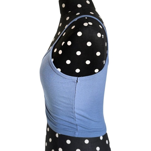 SOLD - Full Tilt Women Tank S Blue Ribbed Knit Ruched Gathered Cropped Spaghetti - Picture 6 of 8